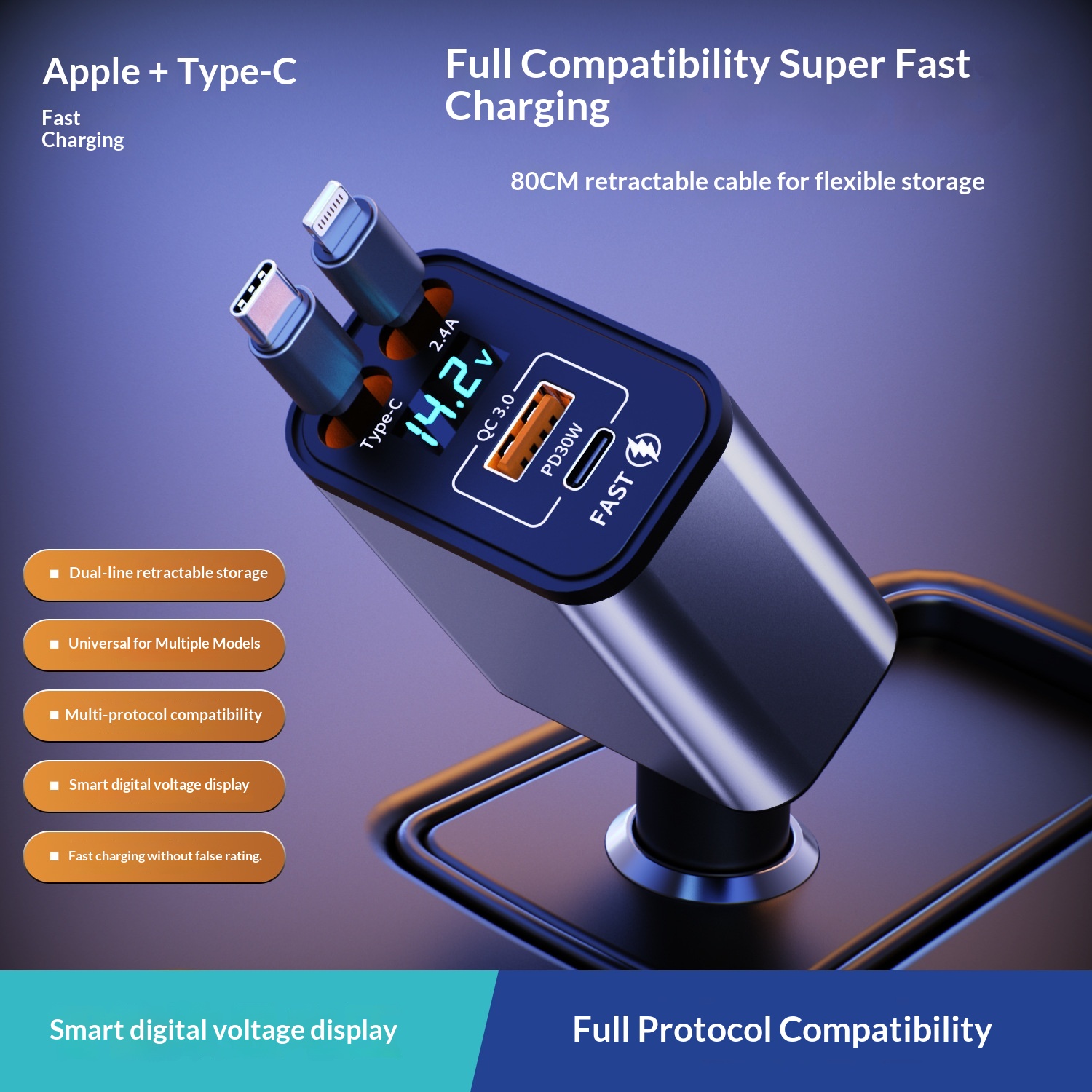 Car Charger Super Multi-Function Cigarette Lighter One-to-Four Retractable Cable PD Fast Charging Mobile Phone Adapter_voghion.com