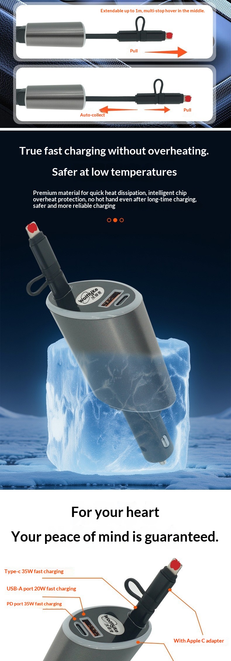 New Car Charger Fast Charging Socket 3-in-1 Retractable Cable Cigarette Lighter 35W Super Conversion Plug_voghion.com