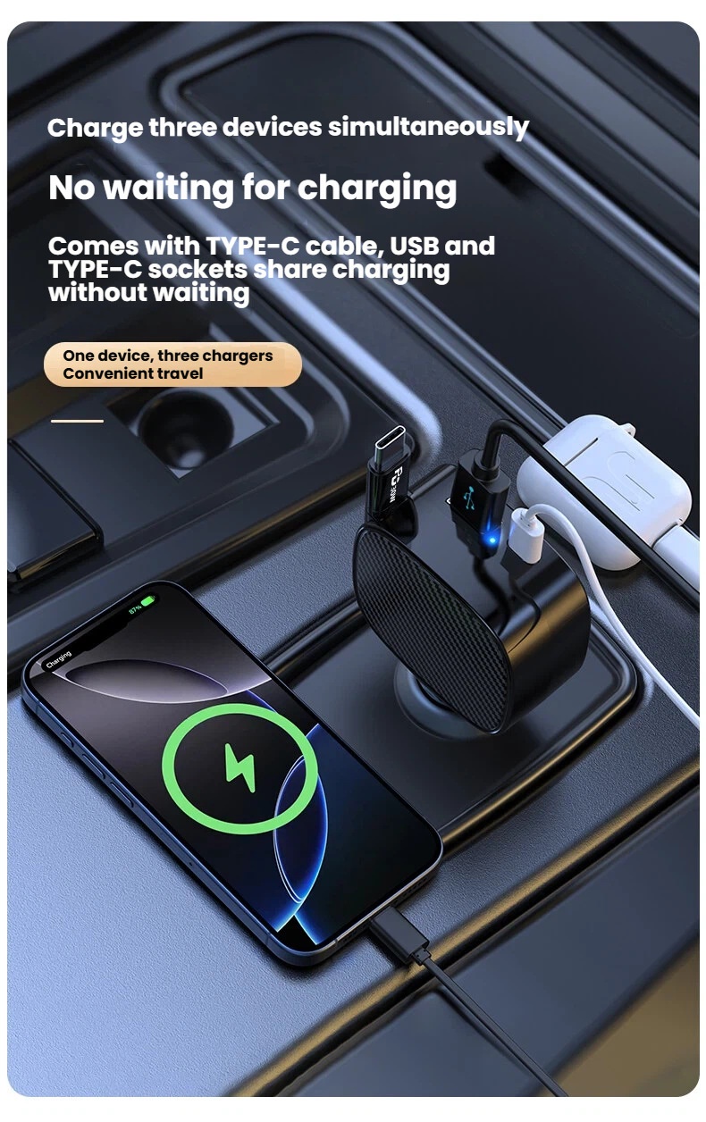 Cross-border Bestseller: Retractable PD30W 3-in-1 Charger, Multifunctional Three-way Super Fast Charging Car Charger QC4_voghion.com