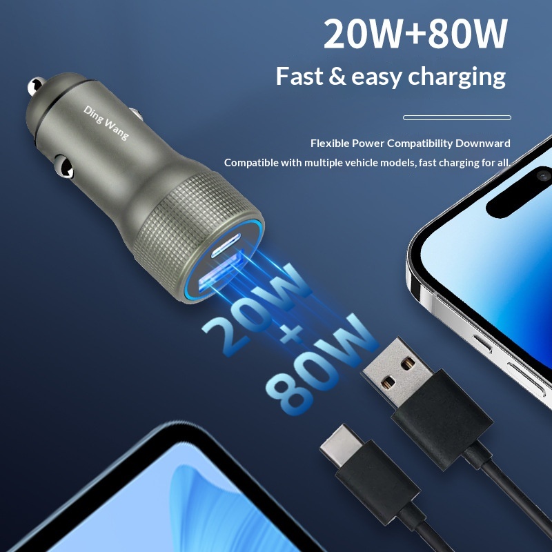 Fully Compatible 200W USB+TYPE-C Metal Car Charger Cigarette Lighter Plug PD Fast Charging_voghion.com