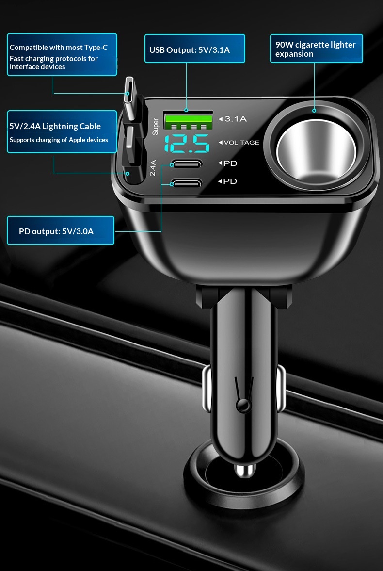 Adattatore multifunzione per caricabatterie da auto con presa accendisigari per ricarica super rapida del telefono cellulare._voghion.com