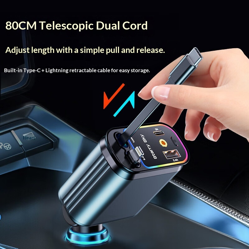 Starry Sky Roof 120W Super Fast Charging Charger With Retractable Cable Ambient Light For Car Interior Cigarette Lighter_voghion.com