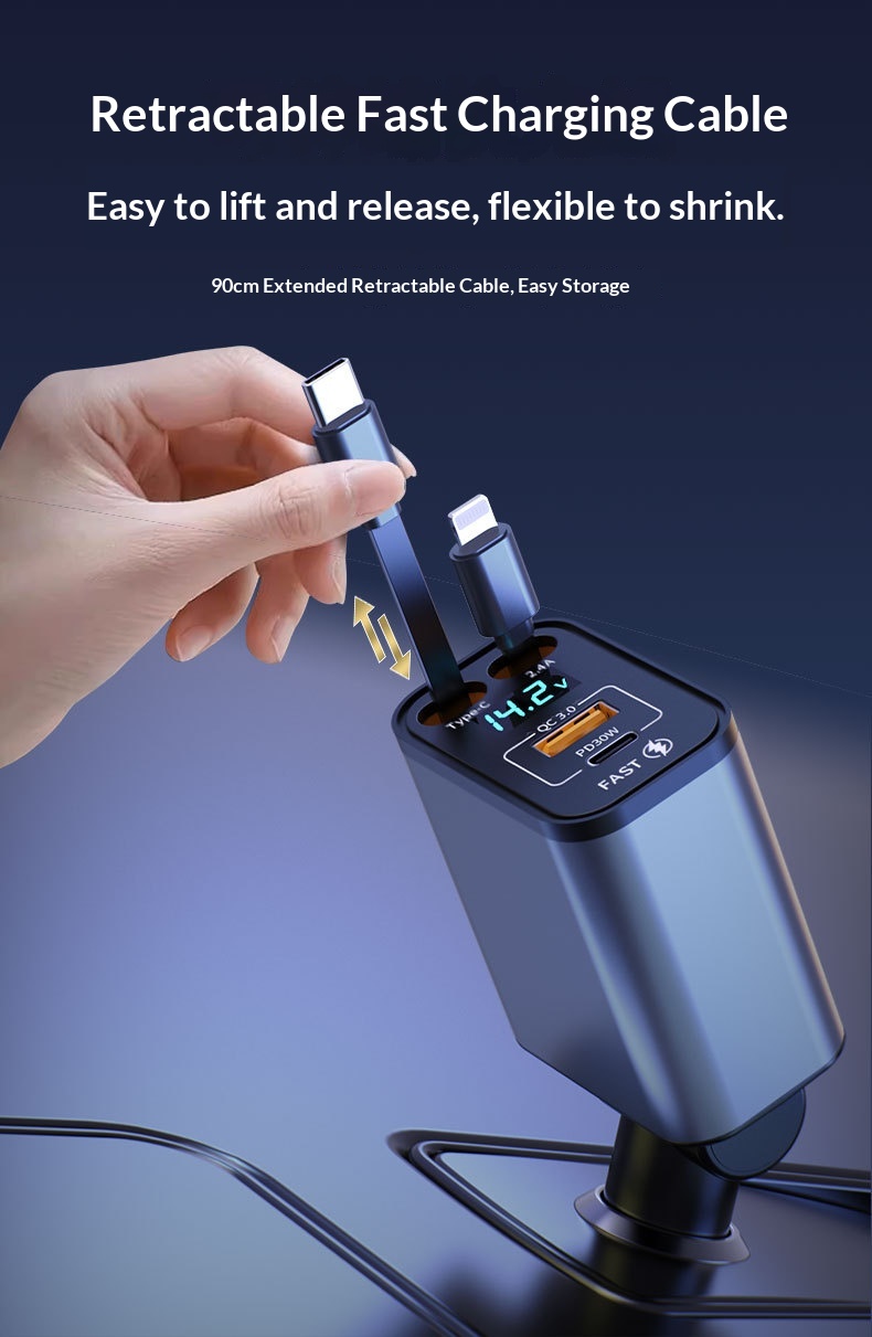 Car Charger Super Multi-Function Cigarette Lighter One-to-Four Retractable Cable PD Fast Charging Mobile Phone Adapter_voghion.com