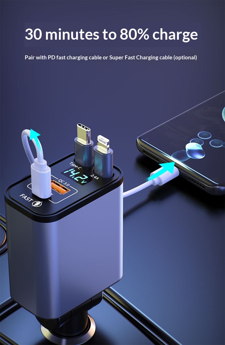 Car Charger Super Multi-Function Cigarette Lighter One-to-Four Retractable Cable PD Fast Charging Mobile Phone Adapter_voghion.com