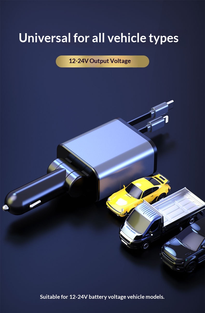 Car Charger Super Multi-Function Cigarette Lighter One-to-Four Retractable Cable PD Fast Charging Mobile Phone Adapter_voghion.com