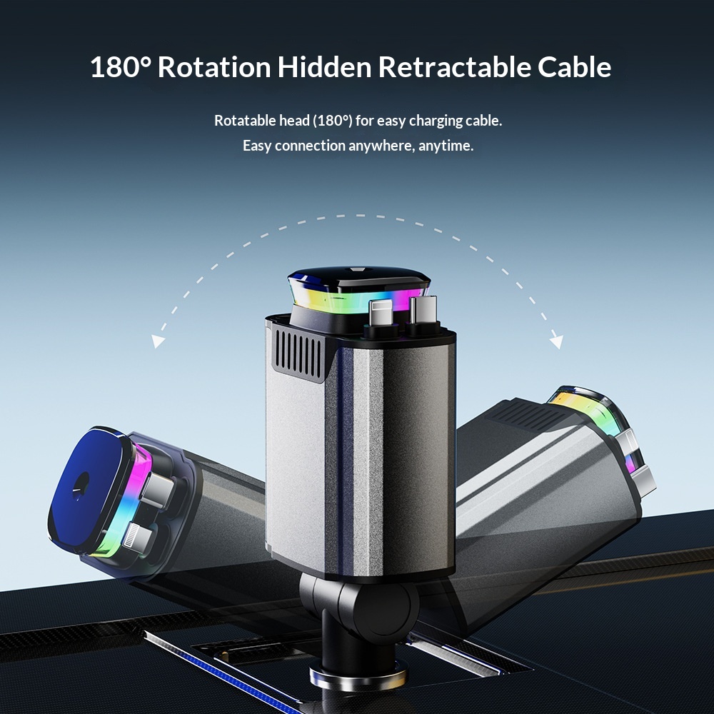 Chargeur USB multifonctionnel 120 W rétractable à charge rapide avec projection de ciel étoilé et veilleuse LED d'ambiance pour voiture_voghion.com