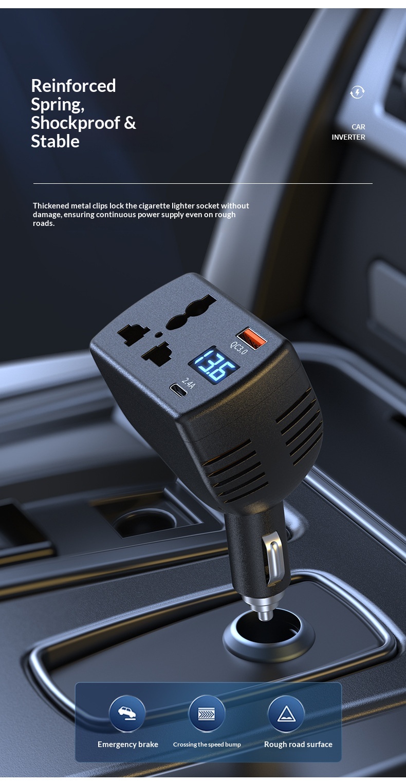 Caricabatterie ad alta potenza da 150 W, ricarica super rapida, multifunzione con display digitale della tensione, inverter per auto._voghion.com