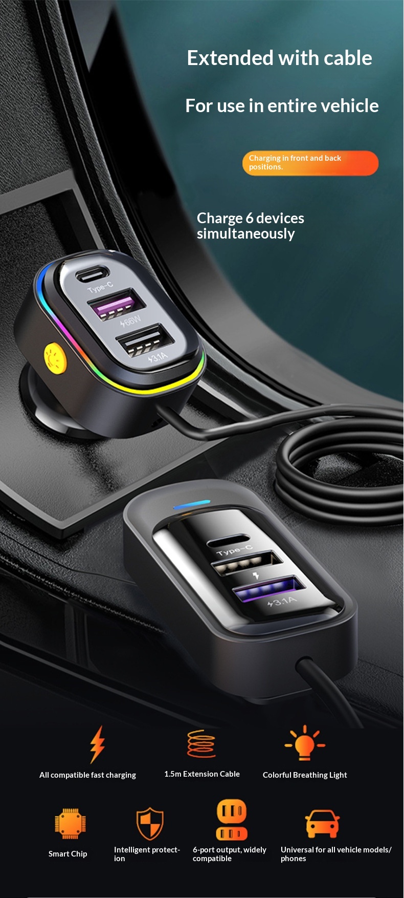 New USB Multi-Function 66W Super Fast Charging Car Rear Row Multi-Hole Wired Mobile Phone Charger_voghion.com