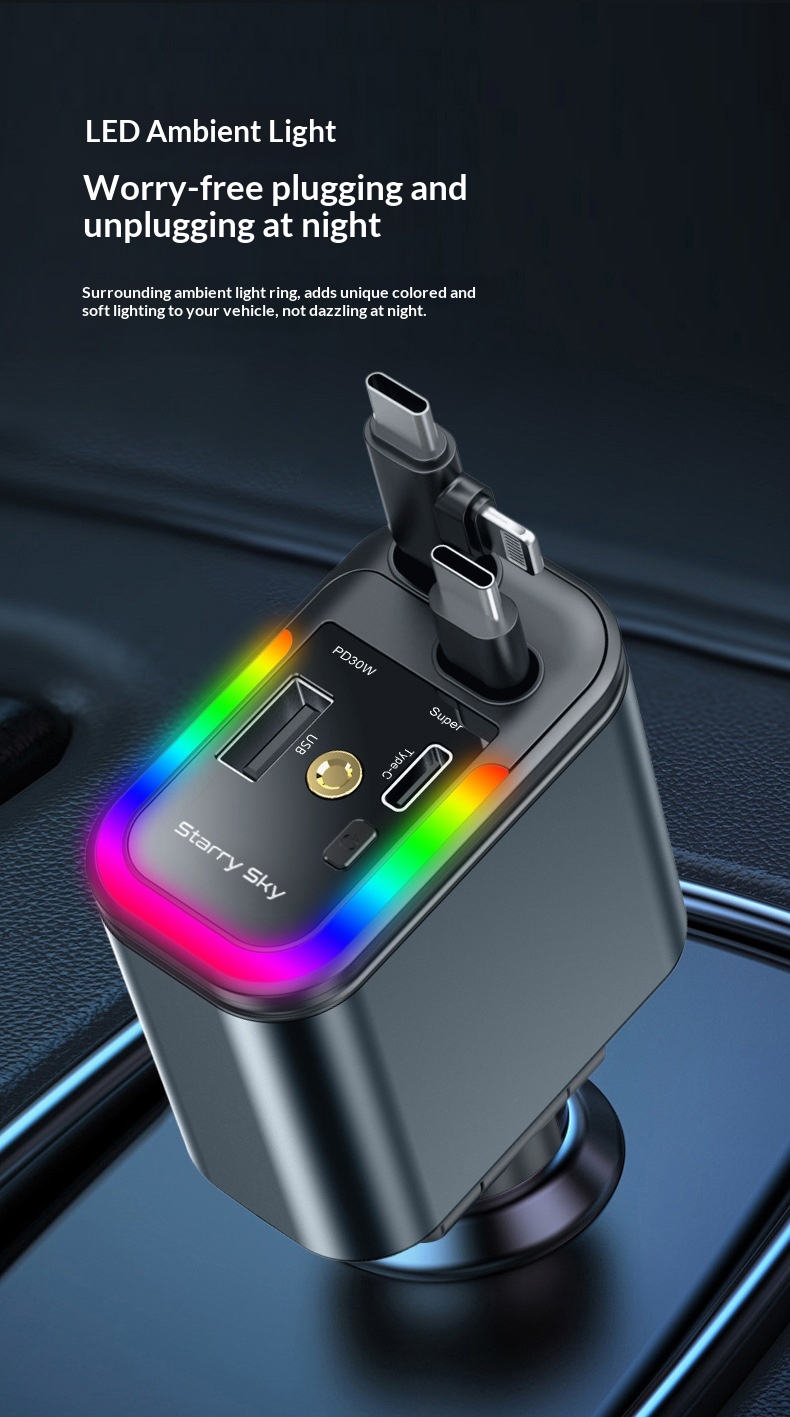 5-in-1 Car Charger With Starry Sky Ambient Light And Retractable Cable_voghion.com