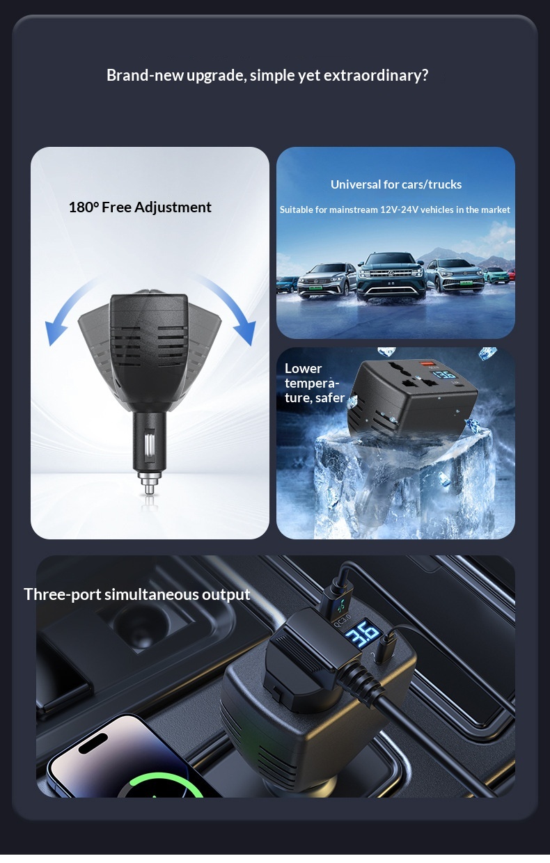 Caricabatterie ad alta potenza da 150 W, ricarica super rapida, multifunzione con display digitale della tensione, inverter per auto._voghion.com