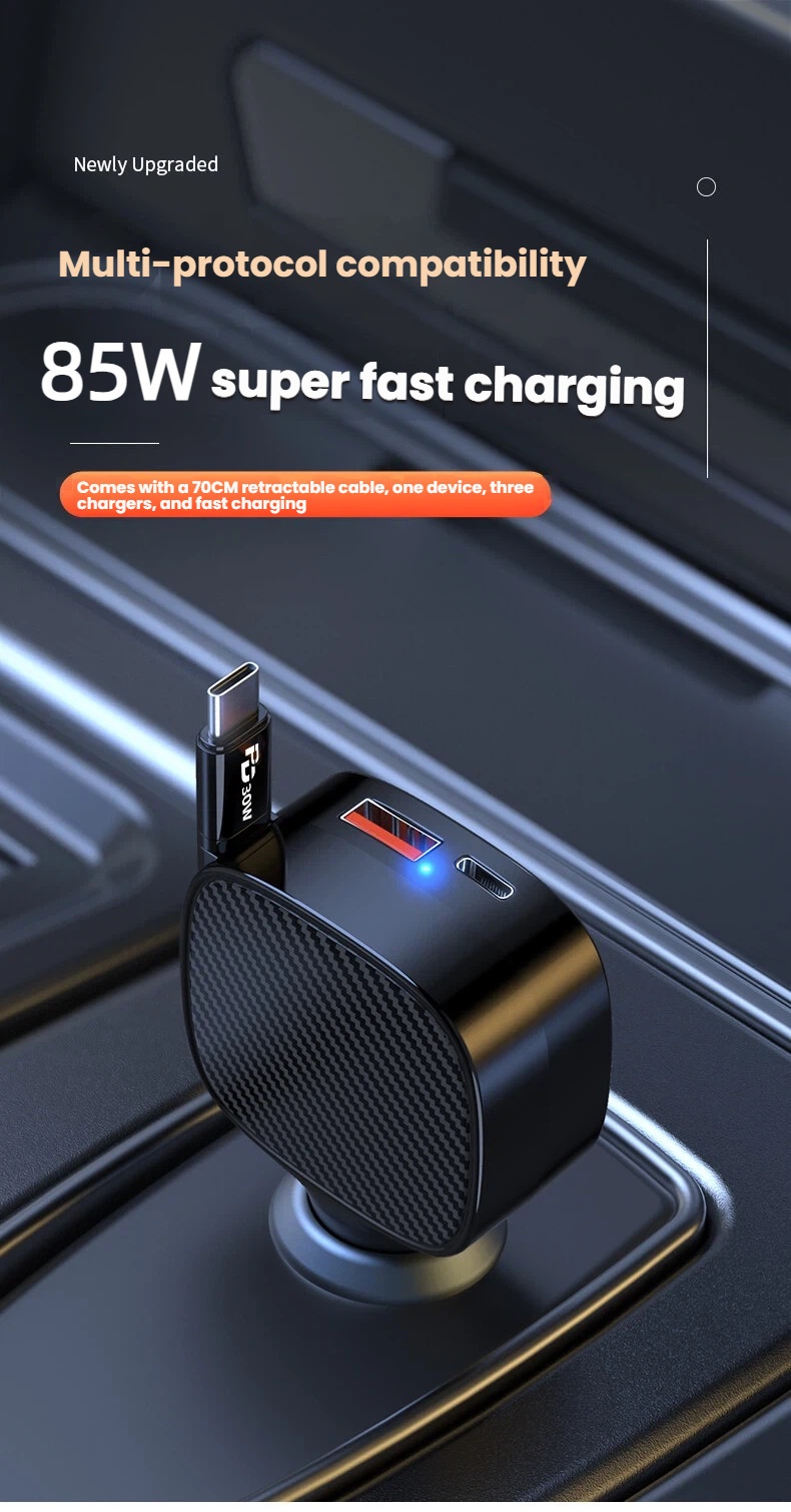 Cross-border Bestseller: Retractable PD30W 3-in-1 Charger, Multifunctional Three-way Super Fast Charging Car Charger QC4_voghion.com