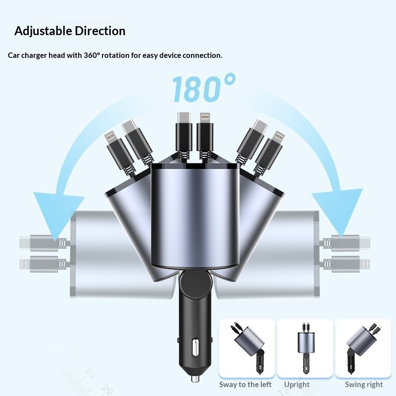Metal Car Charger With Retractable Cable Fast Charging Adapter_voghion.com