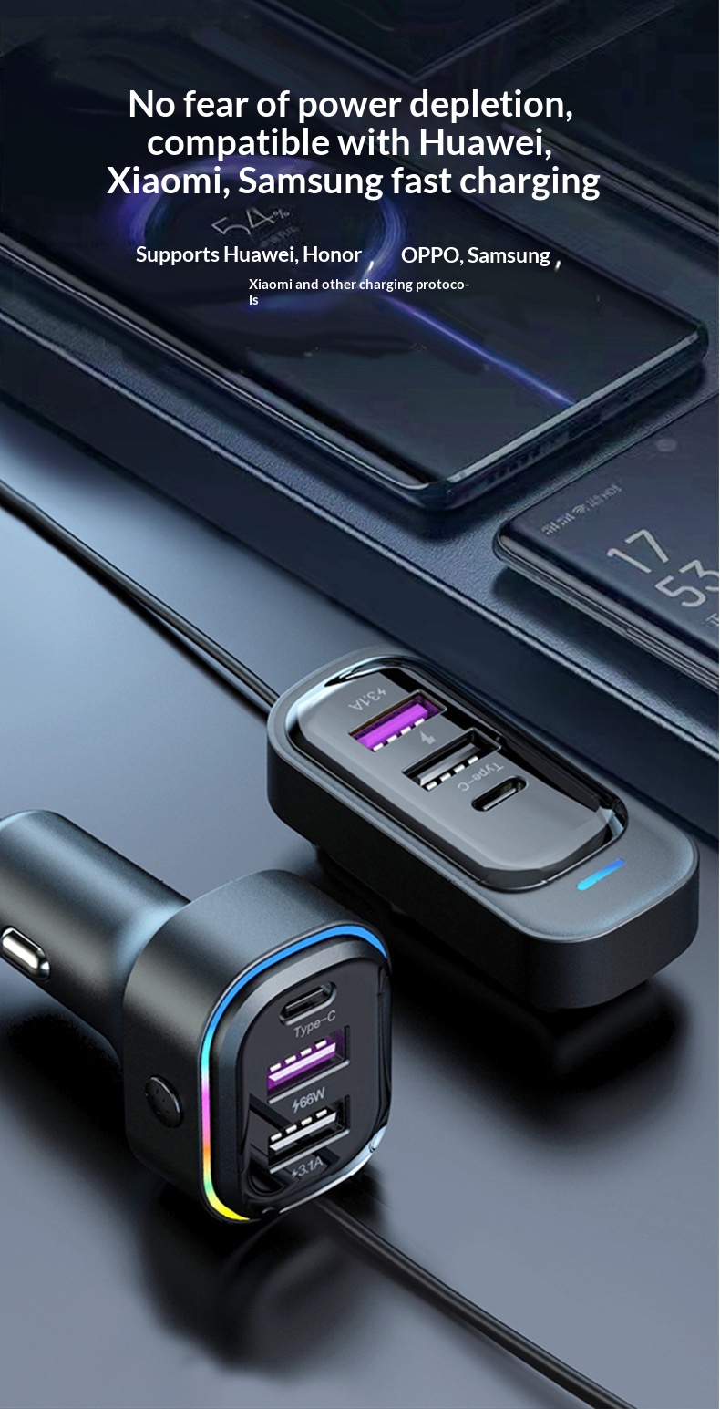 New USB Multi-Function 66W Super Fast Charging Car Rear Row Multi-Hole Wired Mobile Phone Charger_voghion.com