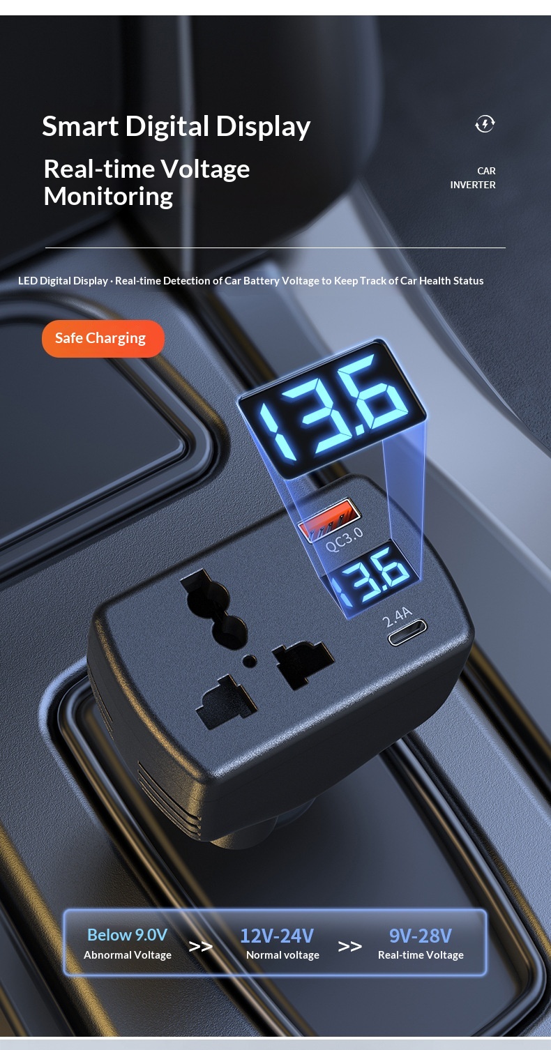 Caricabatterie ad alta potenza da 150 W, ricarica super rapida, multifunzione con display digitale della tensione, inverter per auto._voghion.com