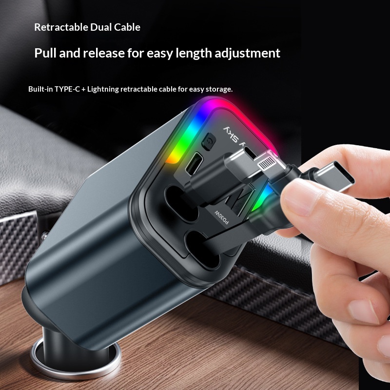 180W Starry Sky Ceiling Ambient Light A+C Retractable Cable Super Fast Charging For Phones 5-in-1 Car Charger_voghion.com