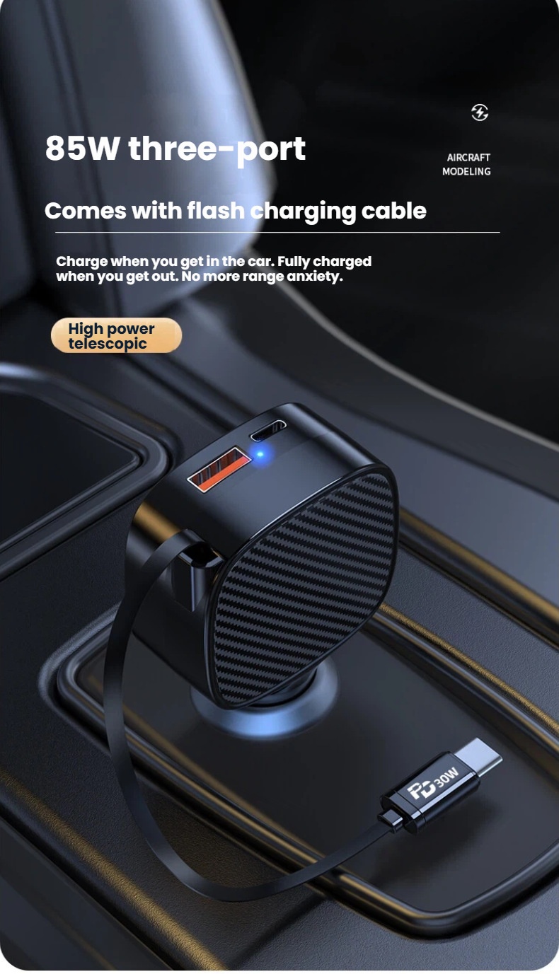 Cross-border Bestseller: Retractable PD30W 3-in-1 Charger, Multifunctional Three-way Super Fast Charging Car Charger QC4_voghion.com