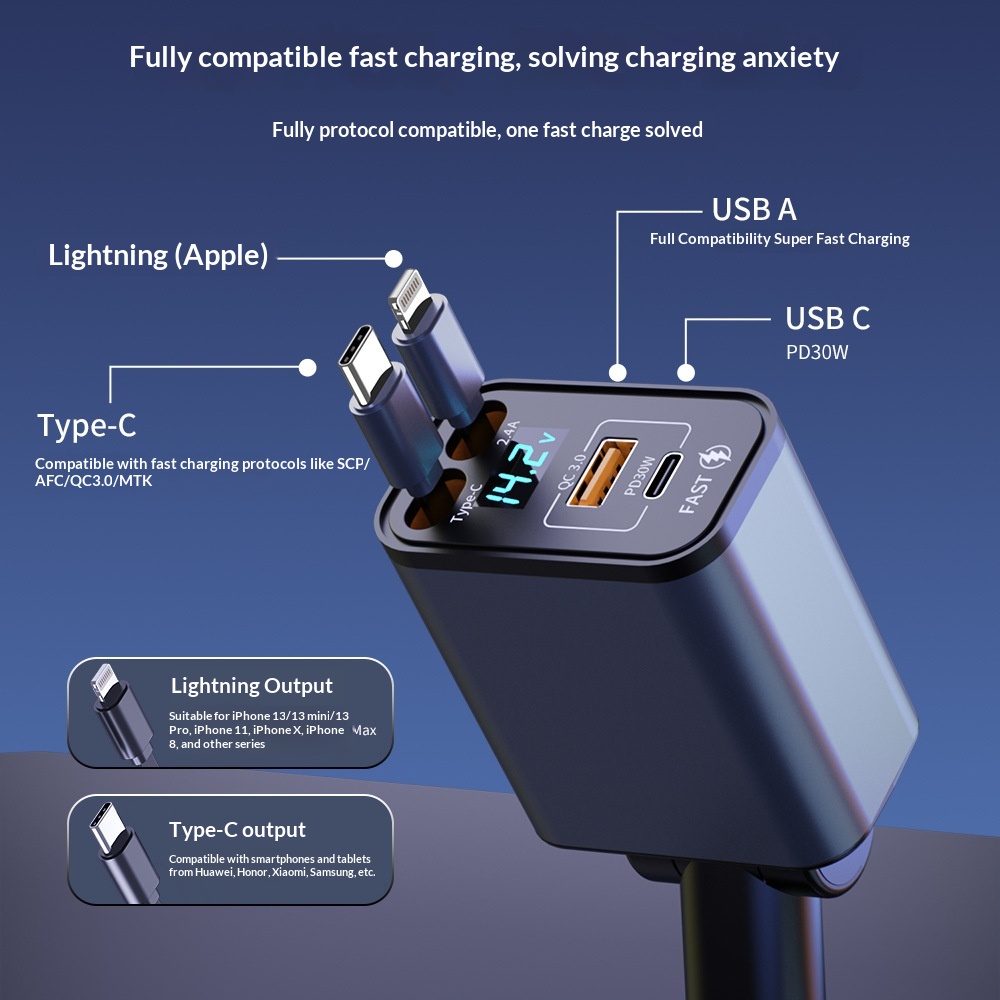 Car Charger Super Multi-Function Cigarette Lighter One-to-Four Retractable Cable PD Fast Charging Mobile Phone Adapter_voghion.com