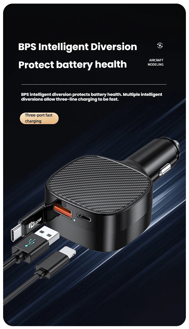 Cross-border Bestseller: Retractable PD30W 3-in-1 Charger, Multifunctional Three-way Super Fast Charging Car Charger QC4_voghion.com