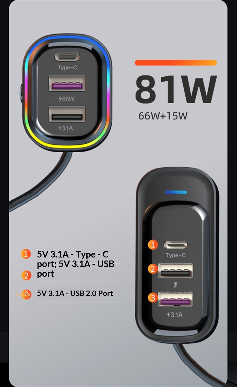 New USB Multi-Function 66W Super Fast Charging Car Rear Row Multi-Hole Wired Mobile Phone Charger_voghion.com