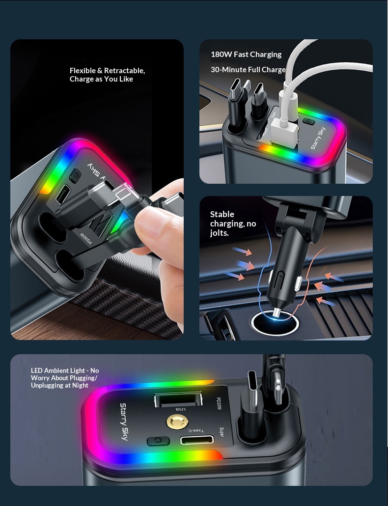 5-in-1 Car Charger With Starry Sky Ambient Light And Retractable Cable_voghion.com