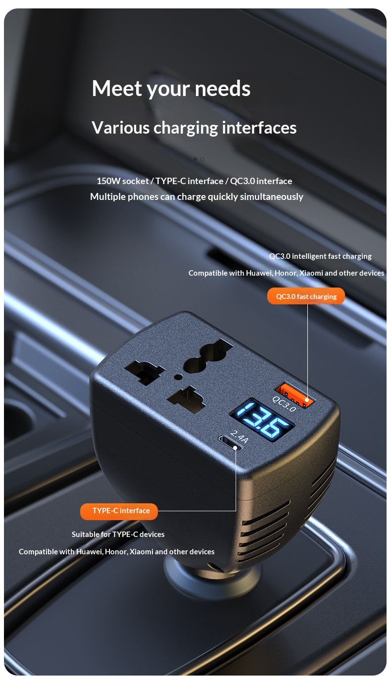 Caricabatterie ad alta potenza da 150 W, ricarica super rapida, multifunzione con display digitale della tensione, inverter per auto._voghion.com