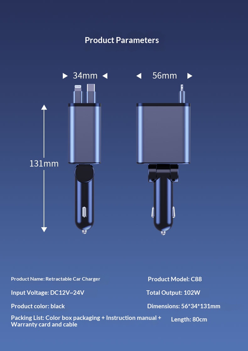 Car Charger Super Multi-Function Cigarette Lighter One-to-Four Retractable Cable PD Fast Charging Mobile Phone Adapter_voghion.com