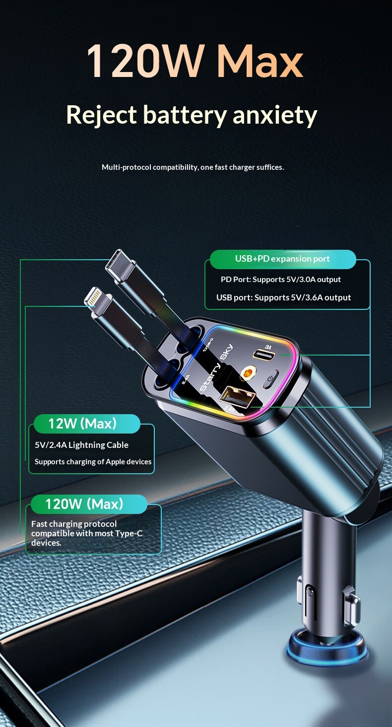 Starry Sky Car Charger 120w Super Fast With Retractable Cable_voghion.com