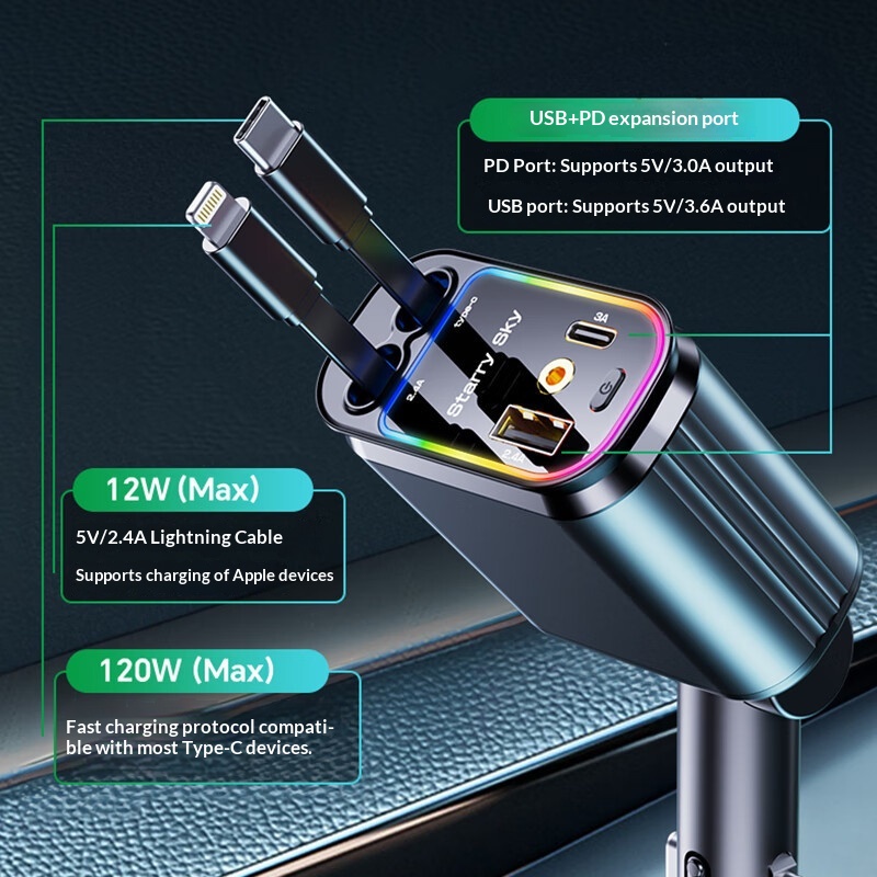 Starry Sky Roof 120W Super Fast Charging Charger With Retractable Cable Ambient Light For Car Interior Cigarette Lighter_voghion.com