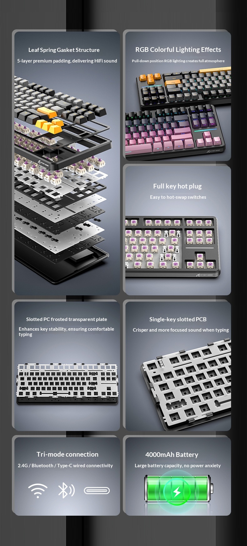 Teclado mecánico inalámbrico Attack Shark X87 con Bluetooth, triple modo, junta personalizable y grabado lateral para juegos._voghion.com