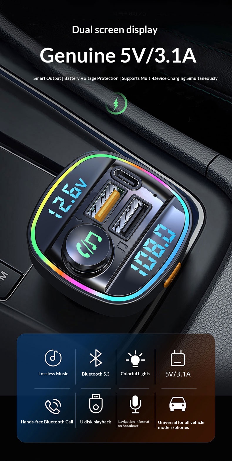 Bluetooth fm transmitter til bil med tabsfri lydkvalitet_voghion.com