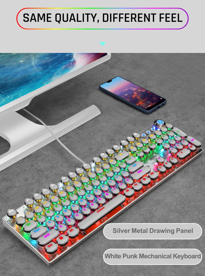 Tastiera meccanica autentica, stile steampunk rosa femminile, con manopole per computer blu e bianche a sublimazione, ideale per il mercato transfrontaliero._voghion.com