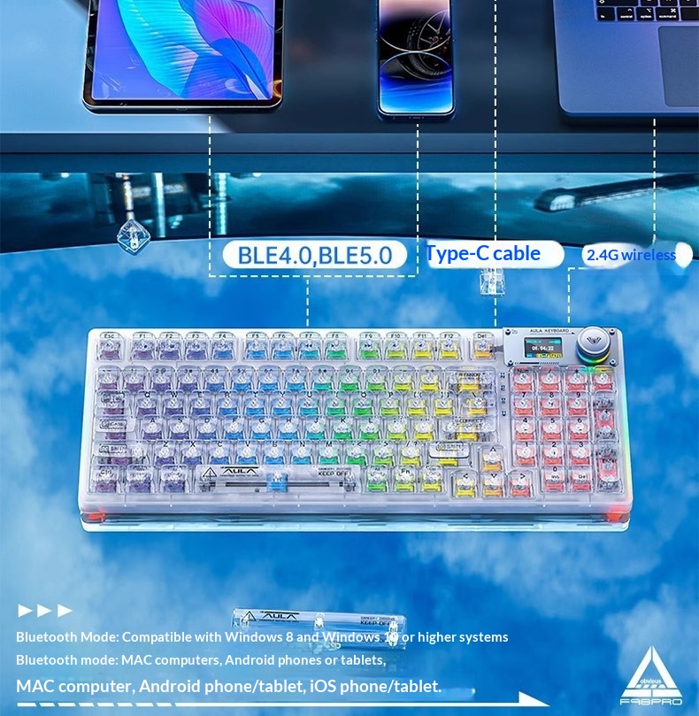 Wolf Spider F98pro/F98ProV3 Transparent Customized Three-Mode Wireless Bluetooth Mechanical Keyboard With Hot-Swappable_voghion.com