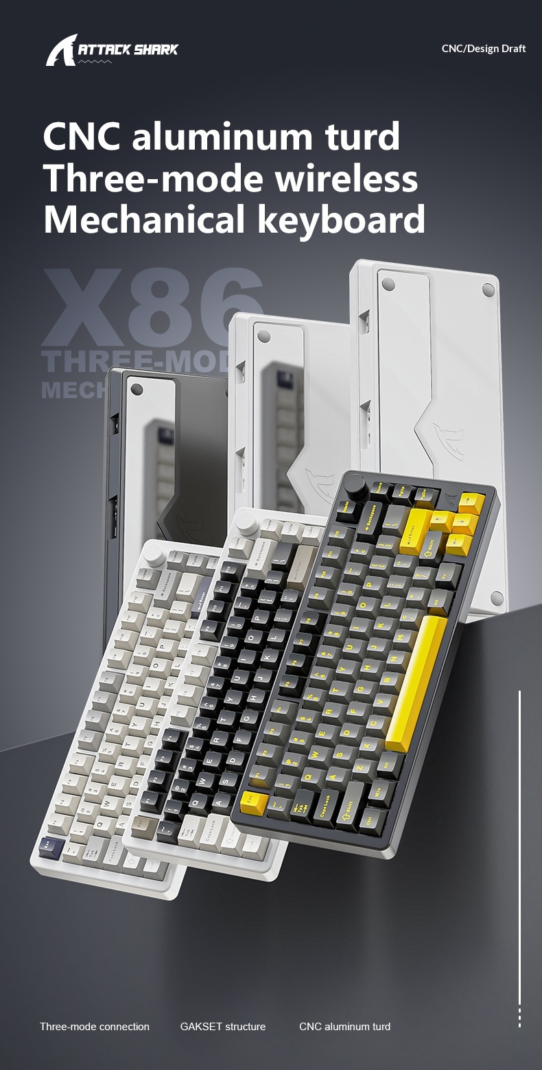 Teclado mecánico Attack Shark X86 con acabado de aluminio, RGB, inalámbrico, Bluetooth y estructura de junta de tres modos._voghion.com