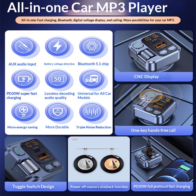 Bluetooth Receiver Lossless Sound MP3 Player Converter Car Cigarette Lighter With Super Fast Charging_voghion.com