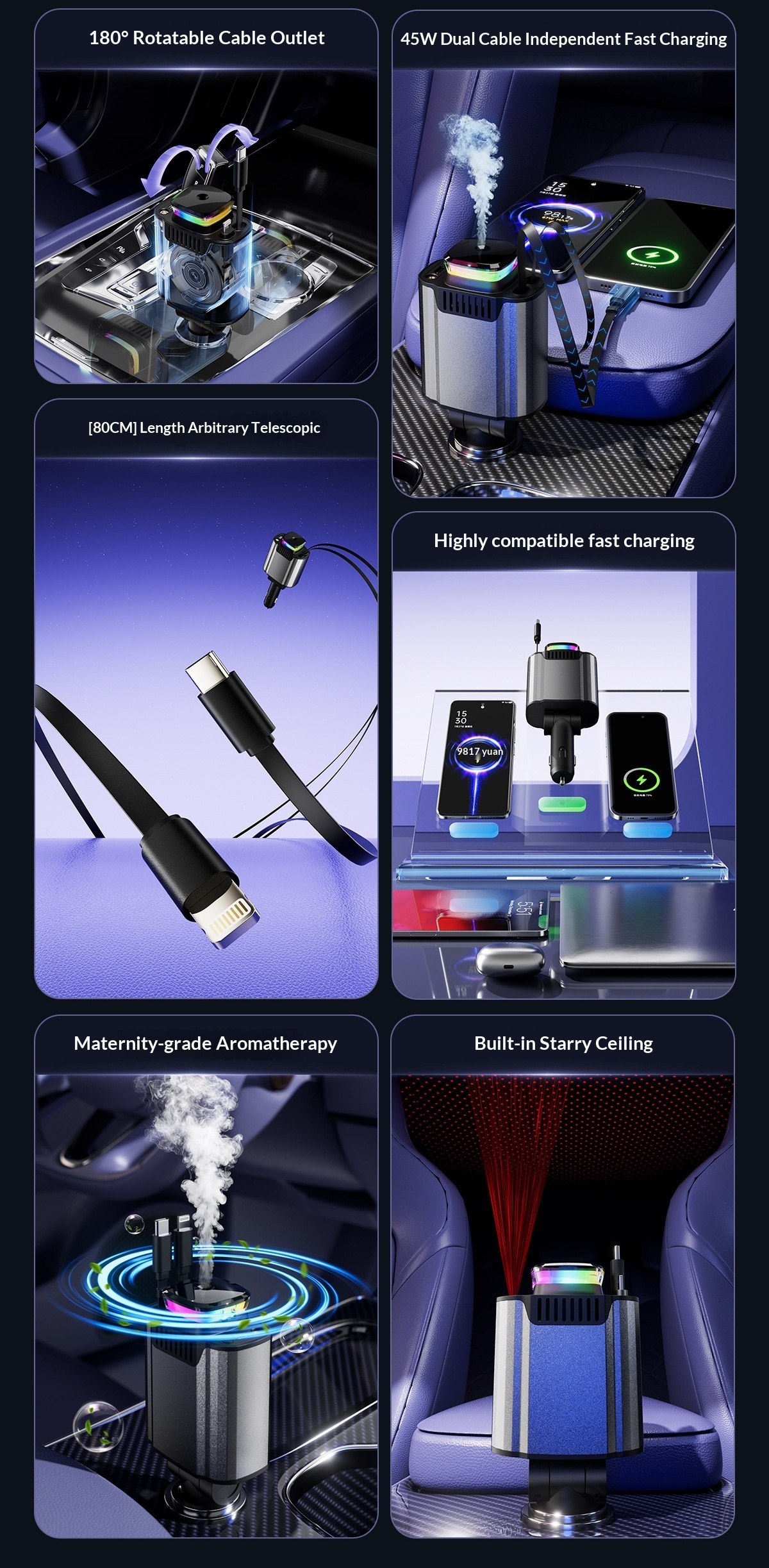 Chargeur voiture multifonction usb charge rapide et veilleuse led_voghion.com