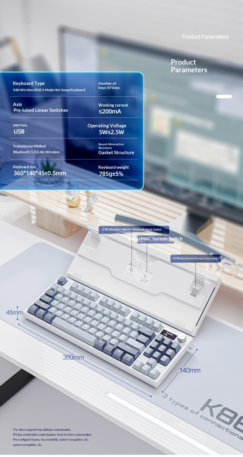 Tastiera meccanica wireless Bluetooth Attack Shark K86 Tri-Mode RGB con switch sostituibili a caldo, stile coreano._voghion.com