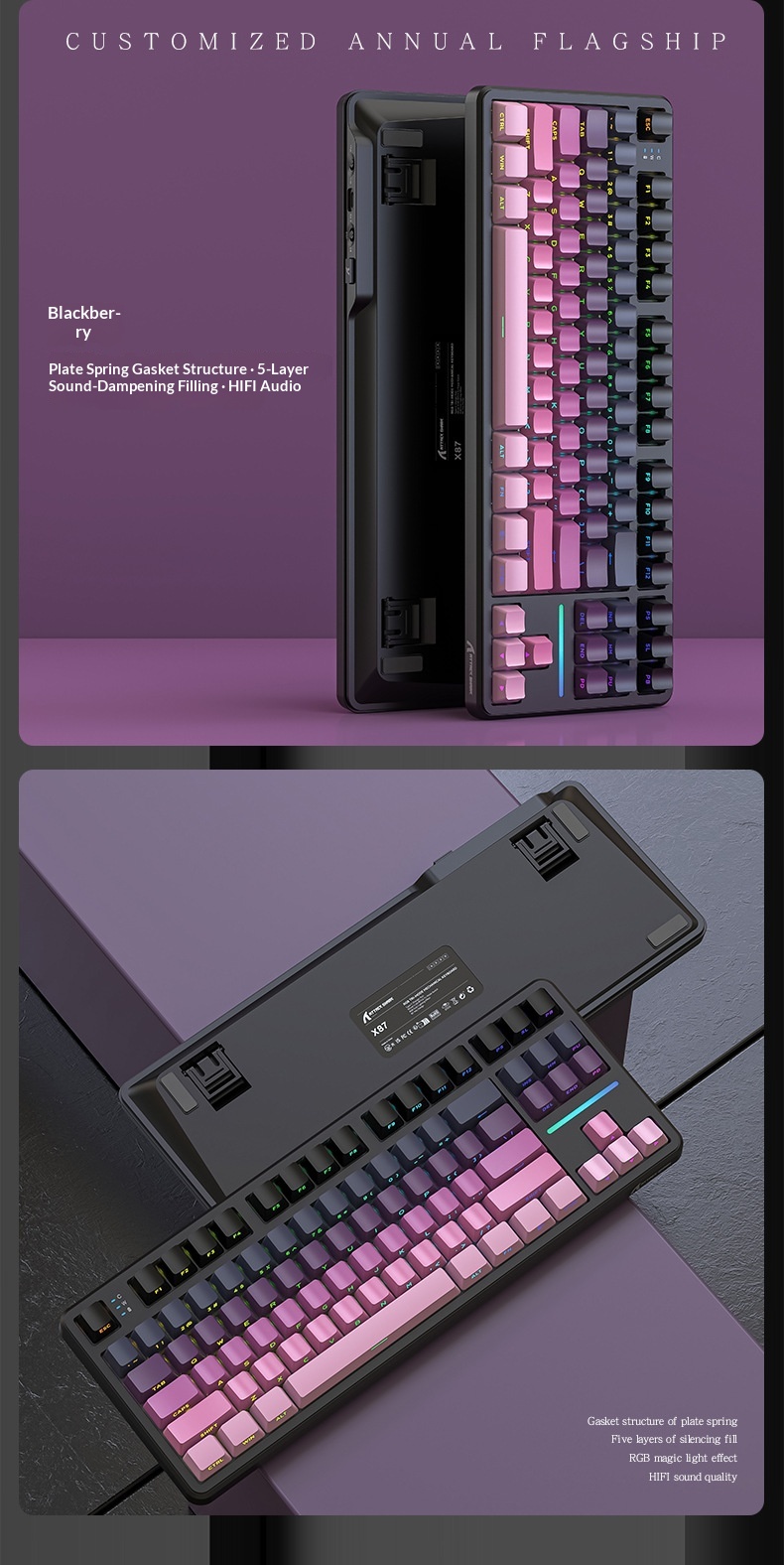 Teclado mecánico inalámbrico Attack Shark X87 con Bluetooth, triple modo, junta personalizable y grabado lateral para juegos._voghion.com