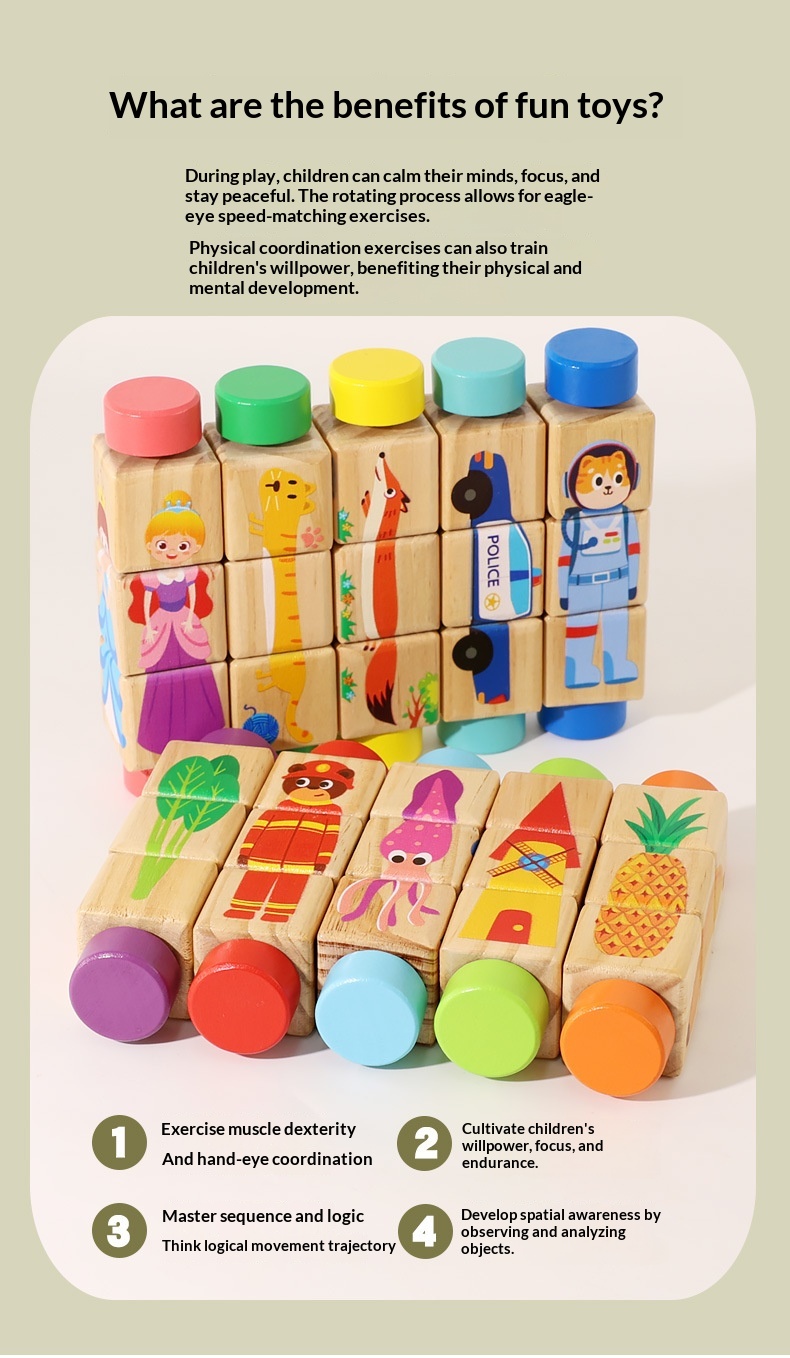 Quebra-cabeça de blocos giratórios para jardim de infância, de 3 a 6 anos, educativo, para aprendizagem precoce, interativo para pais e filhos._voghion.com