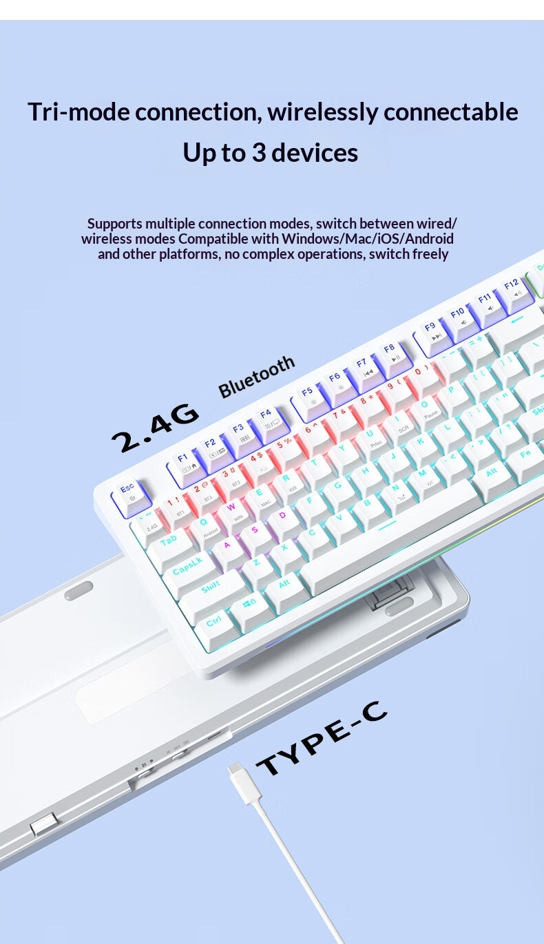 Teclado mecánico, con cable, inalámbrico, Bluetooth, intercambiable en caliente, apto para distribución de 98 teclas, estructura de junta, disponible para_voghion.com