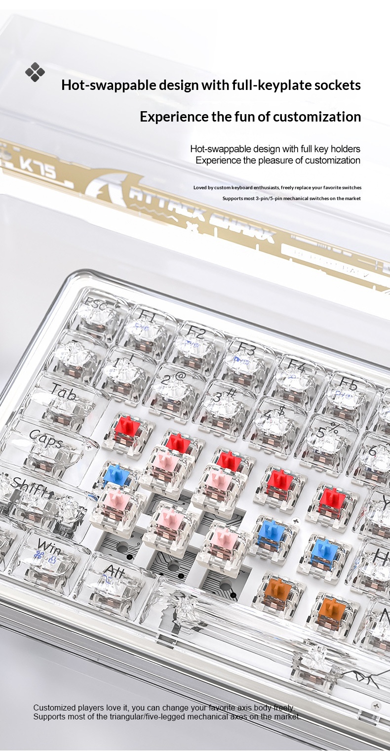 Teclado mecánico inalámbrico Bluetooth Attack Shark K75RGB con junta transparente e intercambiable en caliente_voghion.com