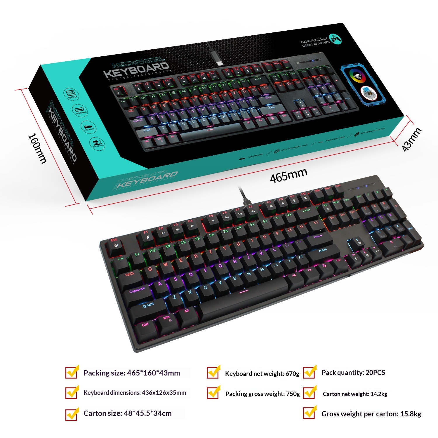 Clavier mécanique filaire de jeu à 104 touches avec interface Type-C et interrupteur bleu, éclairage RVB_voghion.com