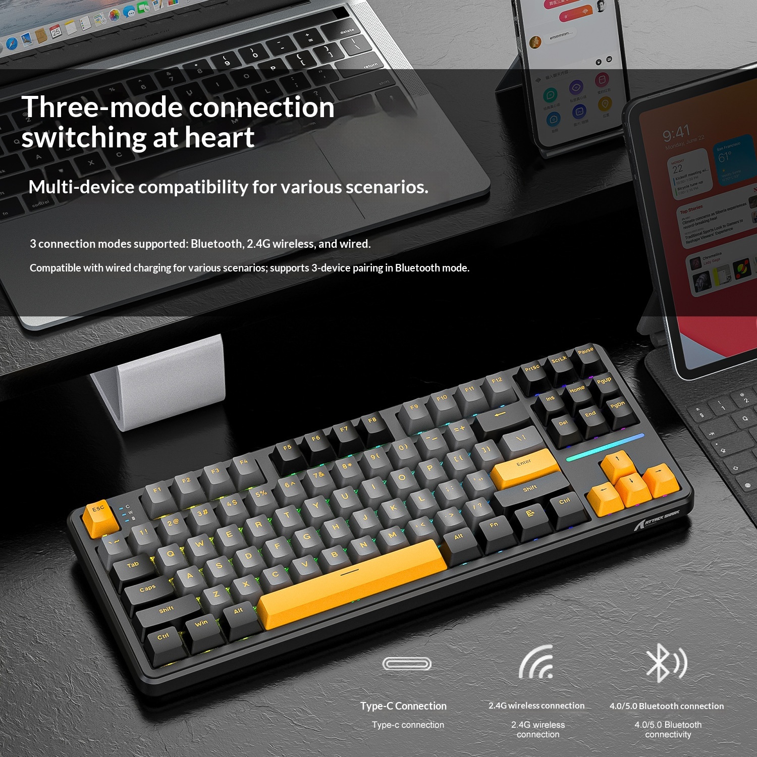 Teclado mecánico inalámbrico Attack Shark X87 con Bluetooth, triple modo, junta personalizable y grabado lateral para juegos._voghion.com