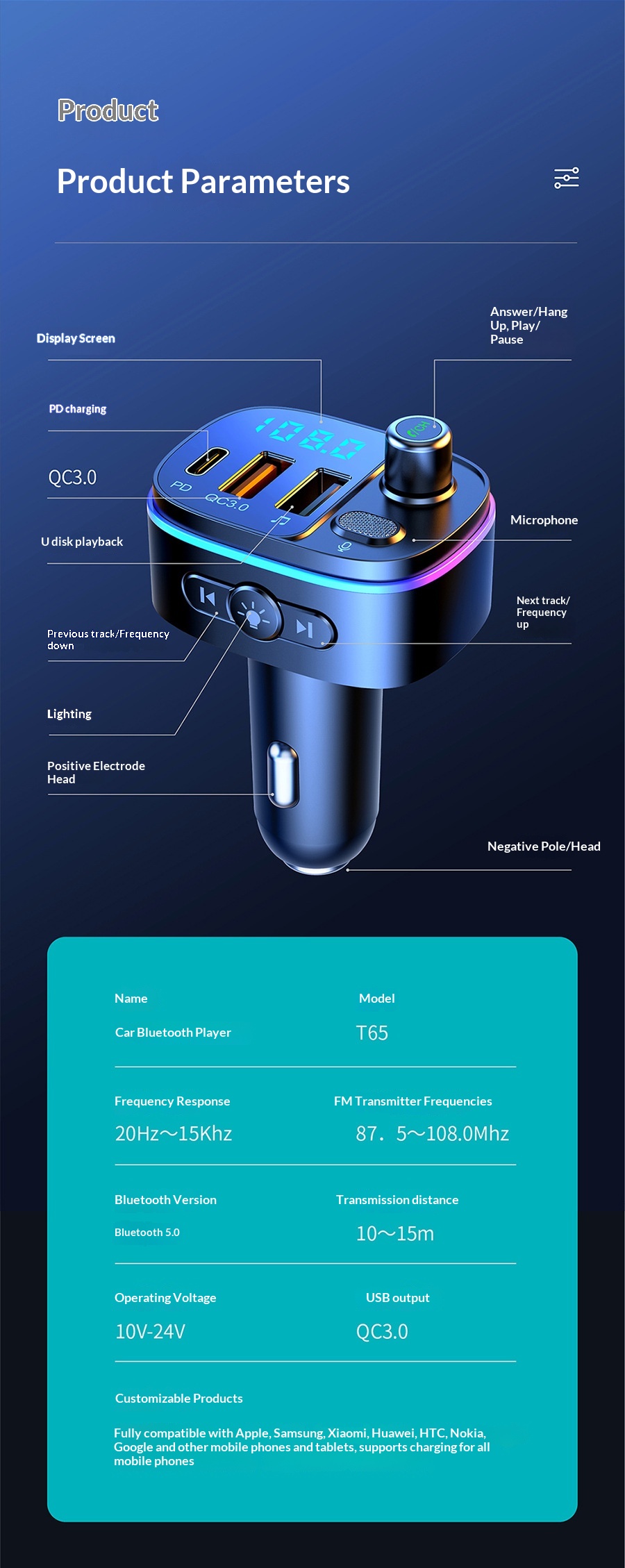 Player PD/QC3.0 Fast Charging T65 Hands-Free Car Bluetooth MP3_voghion.com