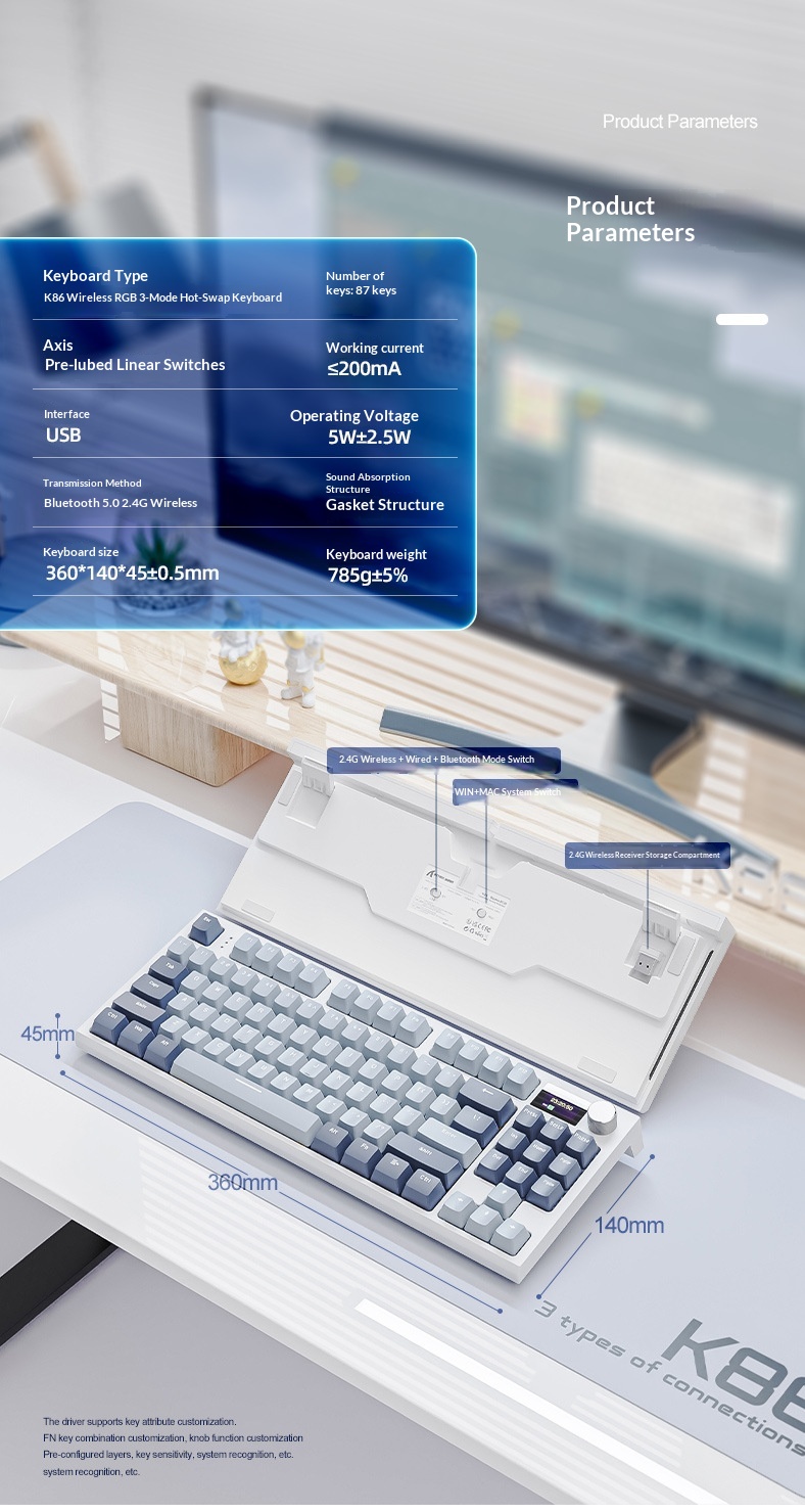 Attack Shark K86 Three-Mode RGB Bluetooth 2.4G Wired Illuminated Customizable Display Hot-Swappable Mechanical Keyboard_voghion.com
