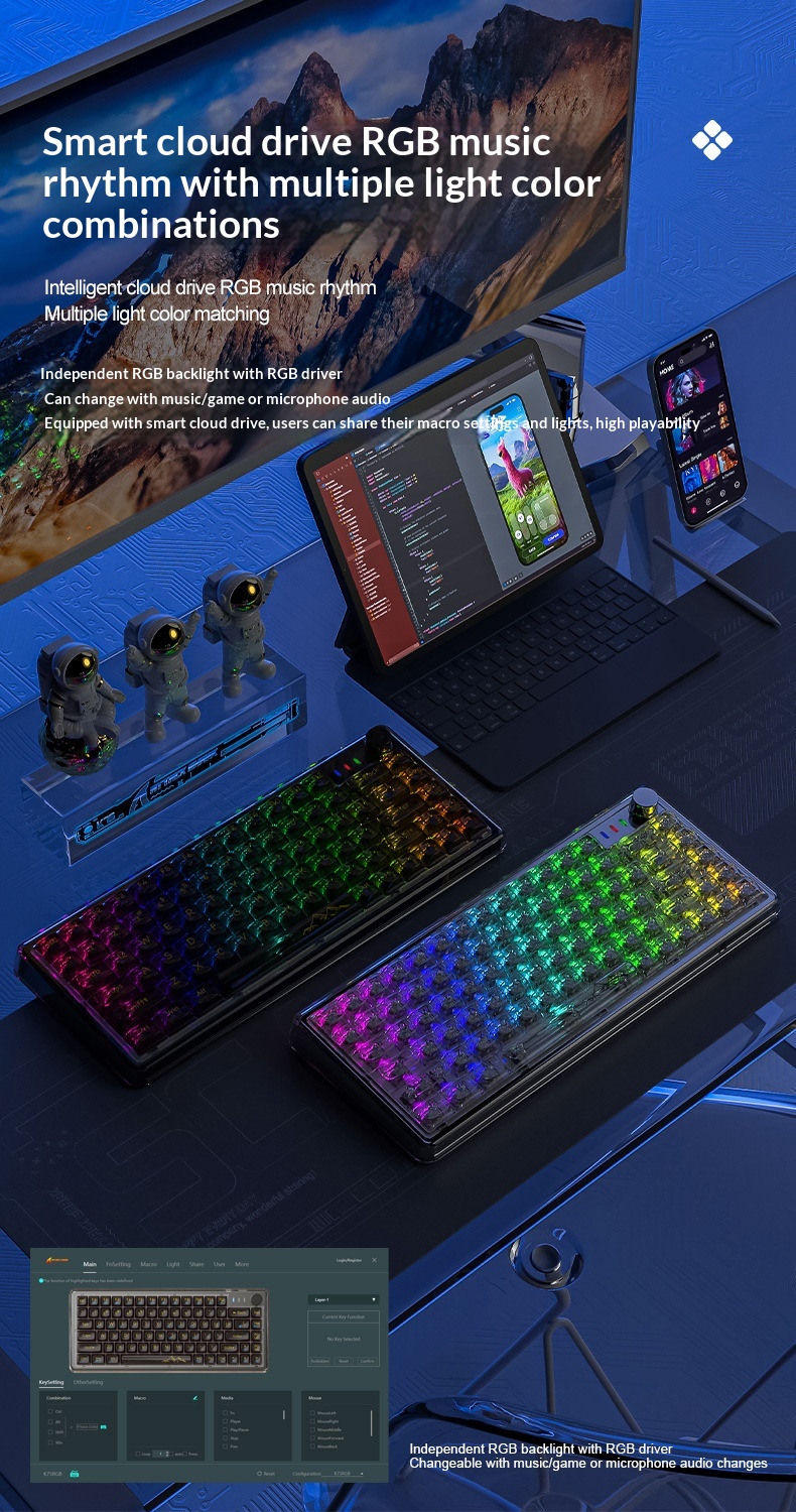 Tastiera meccanica wireless Bluetooth con guarnizione trasparente e sostituibile a caldo Attack Shark K75RGB_voghion.com