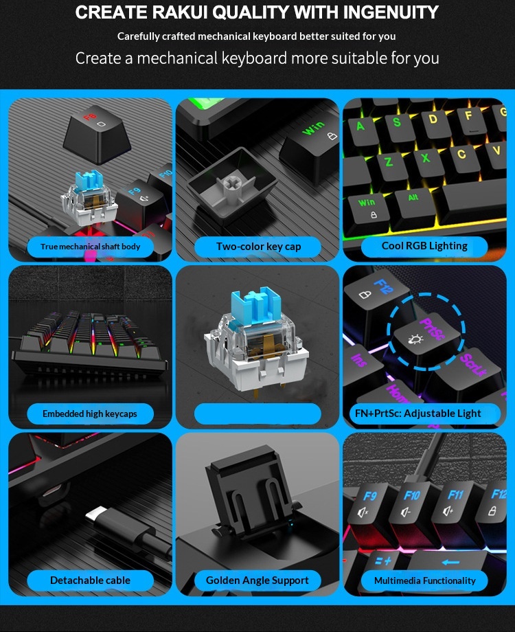 Clavier mécanique filaire de jeu à 104 touches avec interface Type-C et interrupteur bleu, éclairage RVB_voghion.com