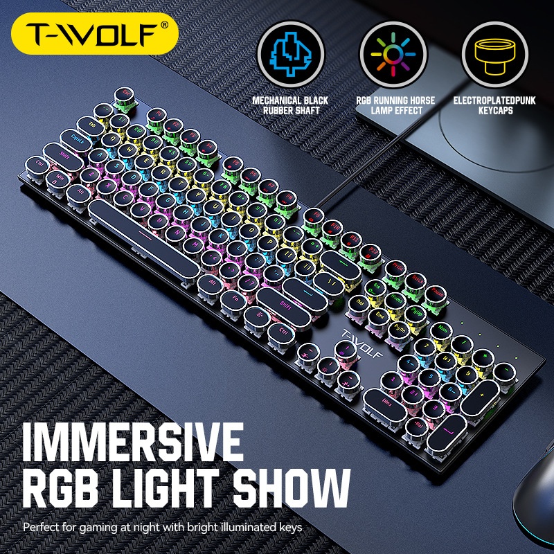 Tastiera meccanica da gioco T-WOLF Thunder Wolf T75 con pannello in metallo, stile punk retrò, rotonda, russa/coreana_voghion.com
