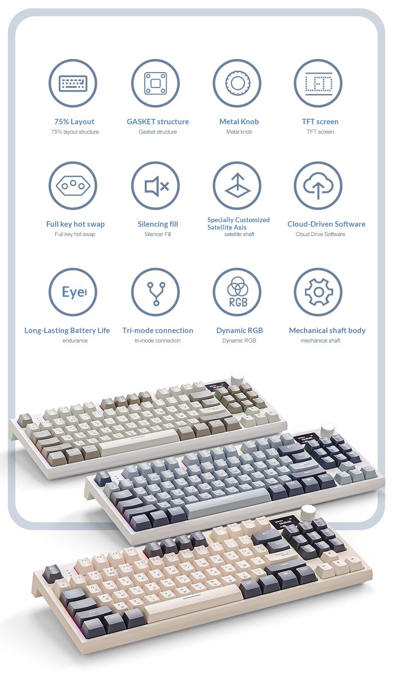 Tastiera da gioco meccanica wireless Bluetooth Attack Shark K86 Tri-Mode RGB con switch sostituibili a caldo, tastiera russa da gioco_voghion.com