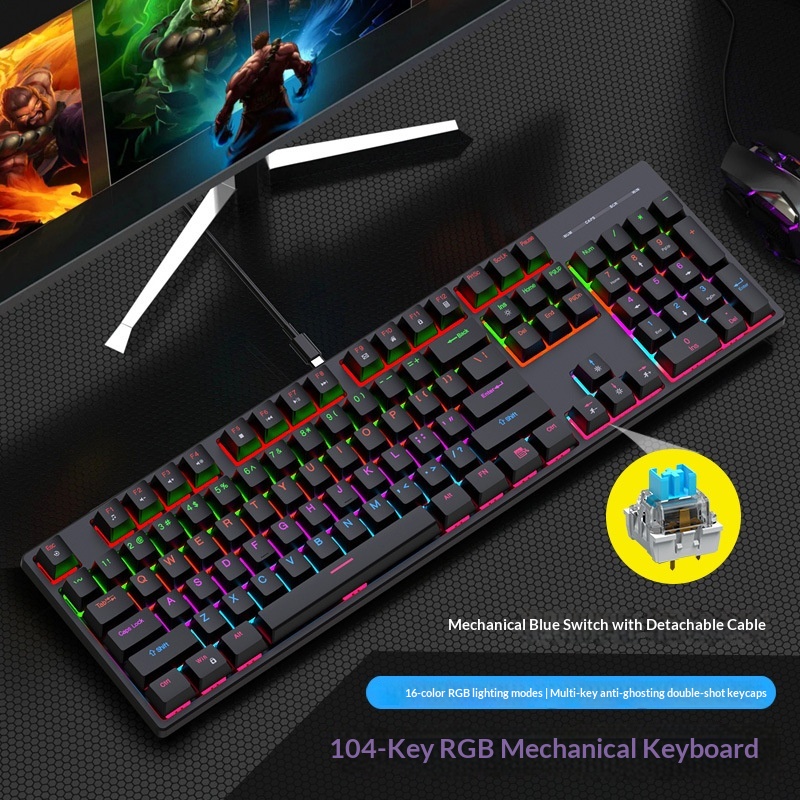Clavier mécanique filaire de jeu à 104 touches avec interface Type-C et interrupteur bleu, éclairage RVB_voghion.com
