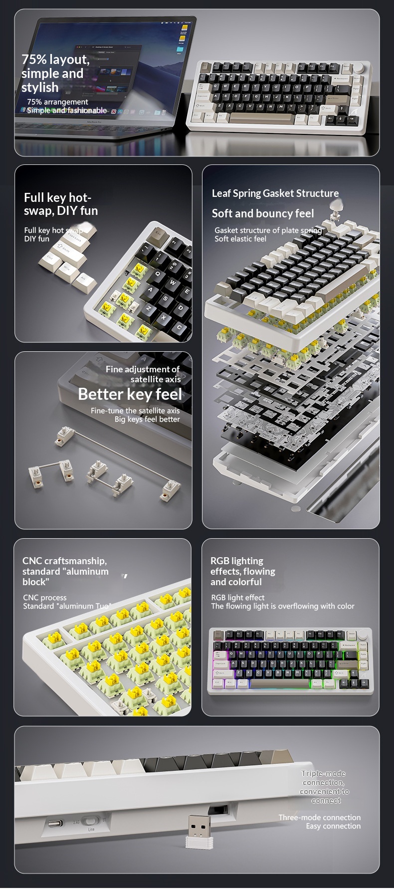 Teclado mecánico Attack Shark X86 con acabado de aluminio, RGB, inalámbrico, Bluetooth y estructura de junta de tres modos._voghion.com